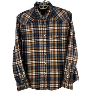 Lucky Brand Plaid Western Pearl Snap Shirt Mens XL Brown Navy Flannel 7MP4SFSG